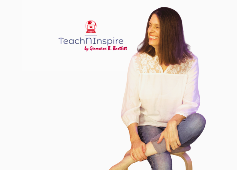 Profilbild der lachenden Lehrerin Germaine B. Bartlett neben dem Logo von TeachNInspire