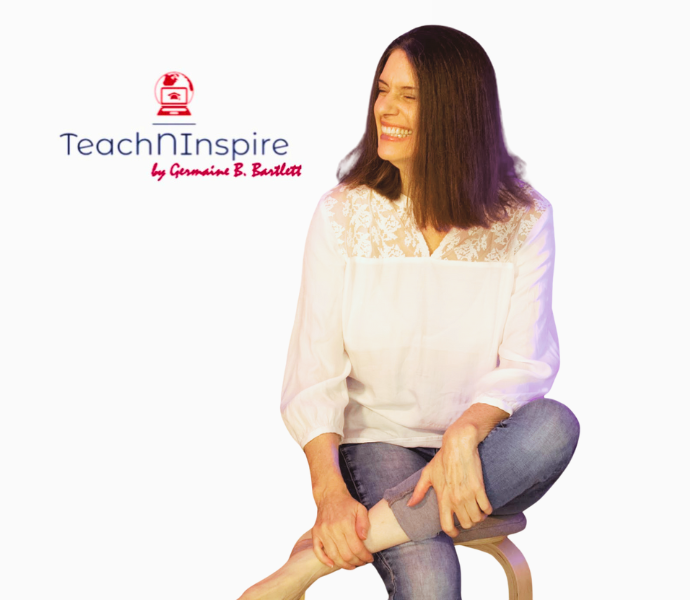 Profilbild der lachenden Lehrerin Germaine B. Bartlett neben dem Logo von TeachNInspire