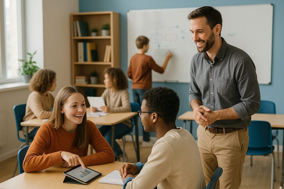 Schüler und Lehrer interagieren in einem Klassenraum, mit Tafel und Tablets.